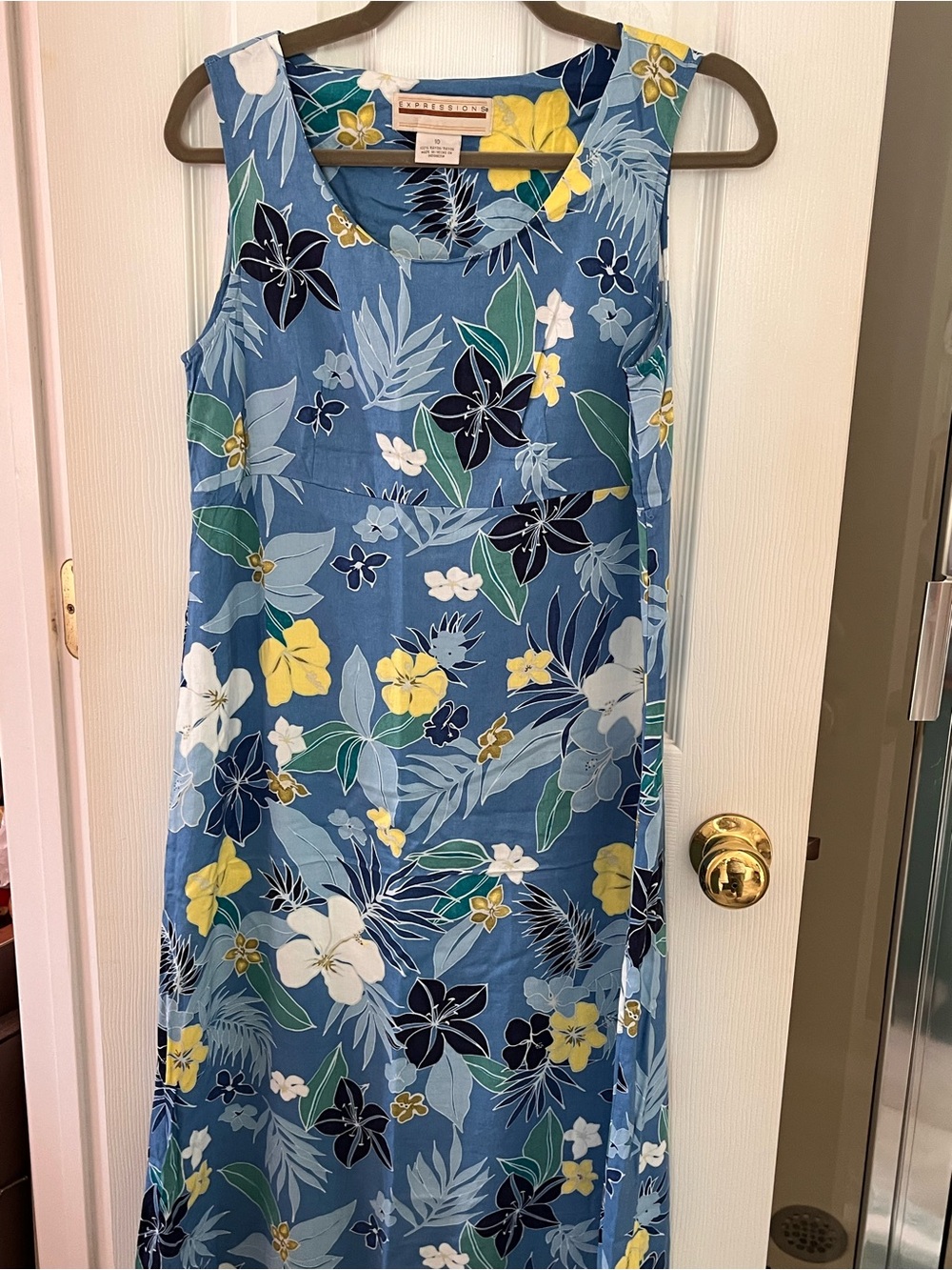 Expressions Blue Floral Sleeveless Maxi Dress with Yellow Accents